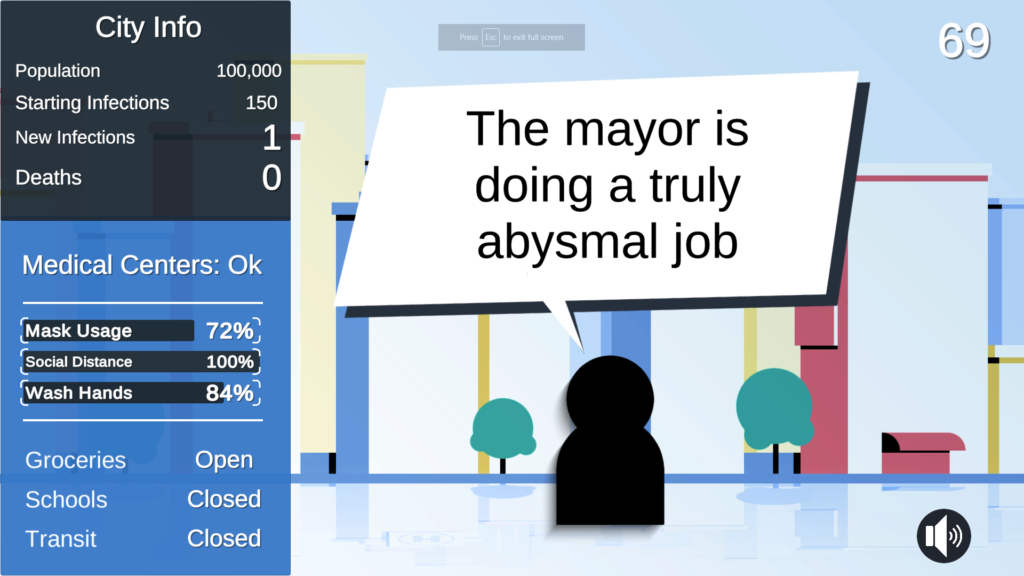 A screenshot from the game showing a cartoon city, and a silhouette of a person saying "the mayor is doing a truly abysmal job"